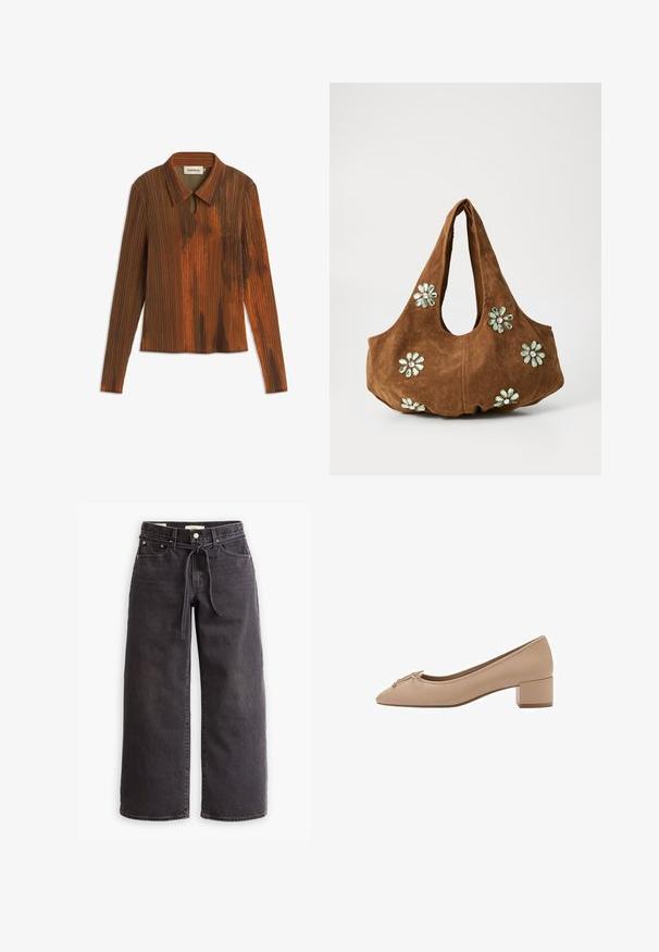Smeđi gornji dio s dugim rukavima i ovratnikom, s vertikalnim prugama, s detaljem u obliku ključa na vratu i blago teksturiranom površinom.; Crne široke traperice izrađene od denima, s elastičnim pojasom na vezanje, pet džepova i detaljima kontrastnog šivanja. Dizajn s ravnim prednjim dijelom.; Bež kožne cipele sa špicastim vrhom, malim detaljem mašne sprijeda, i kvadratnim niskim potplatom. Glatka tekstura s minimalnim šavovima.; Smeđa suđena torba s opuštenim oblikom, ukrašena zelenim cvjetnim aplikacijama i svijetlim naglascima. Dva čvrsta remena za nošenje na ramenu.