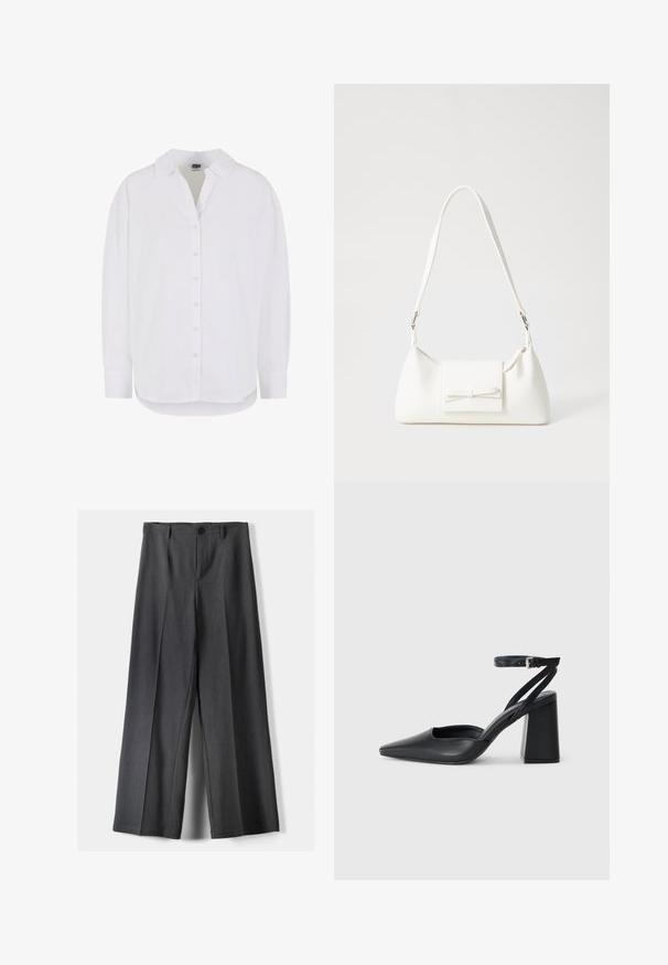 Langærmet hvid skjorte lavet af bomuld med knaplukning fortil, klassisk krave og afrundet kant, der har en afslappet pasform og ingen mønstre.; Vidde-bukser i mørkegrå stof med knaplukning, frontfolder og bæltestropper. Glat tekstur med et skræddersyet design.; Sort læder spidse pumps med ankelrem og en chunky hæl. Flad tekstur, slankt design og minimalistisk æstetik.; Hvid syntetisk håndtaske med en trekantet form, flad forsideklap og sløjfedetalje, justerbar strop, glat tekstur og minimalistisk design.