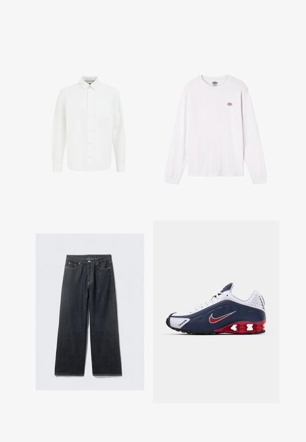 Valkoinen nappikauluspaita, jossa on pitkät hihat, kärjen muotoinen kaulus, etutasku ja pehmeä puuvillakangas. Ominaisuuksiin kuuluu suora helma ja klassinen muotoilu.; Valkoinen pitkähihainen t-paita, joka on valmistettu puuvillasta. Siinä on pieni pyöreä monivärinen logo rinnassa. Yksinkertainen muotoilu, jossa on ribattu hihansuu.; Tummat farkut, joissa on leveät lahkeet ja korkeavyötärö, varustettu kuparinsävyisillä niiteillä ja kontrastivärisillä ompeleilla, sileä pintakuvio ja ilman näkyviä kuvioita.; Valkoinen ja tummansininen urheilujalkine punaisilla yksityiskohdilla, verkkomaisia paneeleita, pehmustettu kaulus ja erottuva pohjasuunnittelu, jossa näkyvät vaimennusyksiköt.