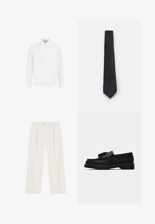 Witte button-up shirt met lange mouwen, een puntkraag, een borstzak en zacht katoen. Heeft een rechte zoom en een klassiek ontwerp.; Witte, wijde broek met plooien aan de voorkant, een enkele knoopsluiting en zijzakken. Glad textuur en op maat gemaakt ontwerp.; Zwarte leren instapper met kwastjes, gele stiksels langs de zool en een dikke, gegroefde rubberen buitenzool.; Smalle zwarte stropdas met een gestructureerd, diagonaal ribbelpatroon. Beschikt over een spitse punt en een gladde afwerking. Geschikt voor formele kleding.