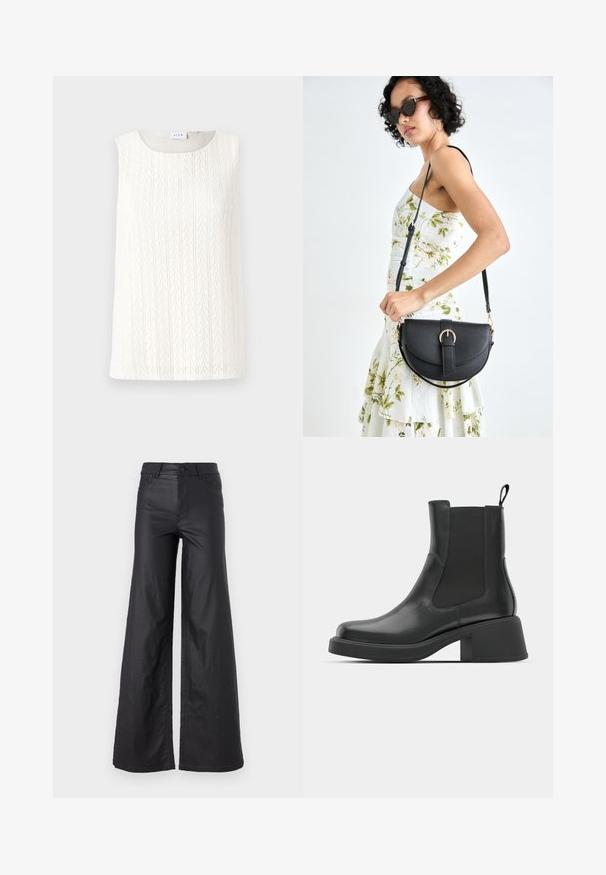 Top senza maniche di colore crema con un motivo a maglia testurizzato, scollatura rotonda e bordi grezzi. Design semplice e tessuto leggero. Non presenta parti metalliche visibili.; Pantaloni neri a gamba larga in materiale similpelle. Presentano un vita alta, passanti per la cintura, due tasche frontali e dettagli cuciti.; Stivaletti neri in pelle con pannelli laterali elastici, punta arrotondata e tacco a blocco spesso. Texture liscia con un design minimalista.; Borsa a tracolla nera in pelle con una forma curva, manico rimovibile e accessori dorati. La borsa presenta una patta con un dettaglio a fibbia.