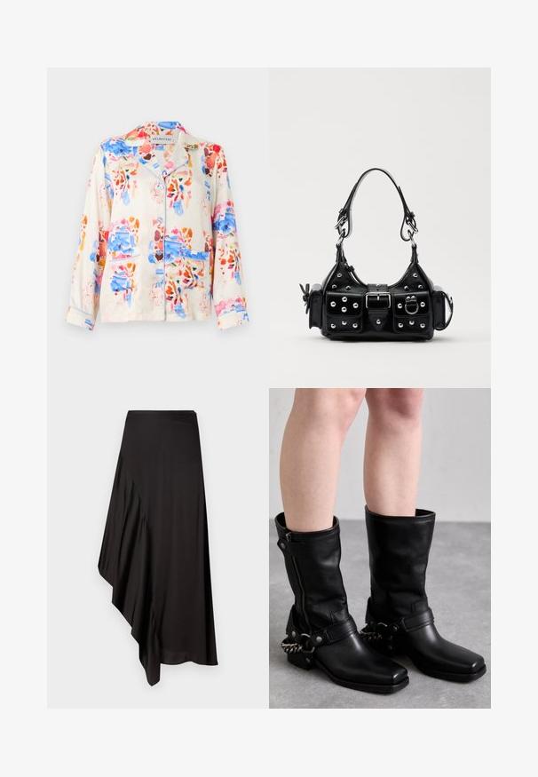 Bavlnená pyžamová košieľka so svetlou krémovou základnou farbou, s abstraktným kvetinovým vzorom v modrej, ružovej a oranžovej farbe, a modrým lemovaním na golieri a vreckách.; AERON ASTER SKIRT - Puzdrová sukňa - black; Čierne kožené čižmy po kolená so štvorcovou špicou, bočným zipsom a nastaviteľným remienkom s metalickým reťazovým akcentom. Matný povrch a pevná podrážka.; Čierna kožená kabelka s zakriveným dizajnom, doplnená striebornými cvočkami, prackou a dvoma bočnými vreckami. Nastaviteľný popruh poskytuje rôzne možnosti nosenia.