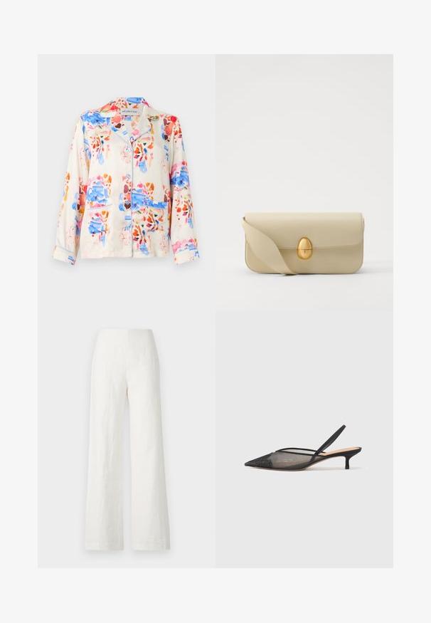 Cotton pajama shirt with a light cream base, featuring an abstract floral pattern in blue, pink, and orange, and blue piping on the collar and pockets.; White linen wide-leg pants with a smooth texture and a high waist design. Features a simple and clean silhouette without embellishments.; NEOUS IRENA - Classic heels - black; Beige leather handbag with a smooth texture, rectangular shape, and a golden oval clasp. Features a long, adjustable strap.