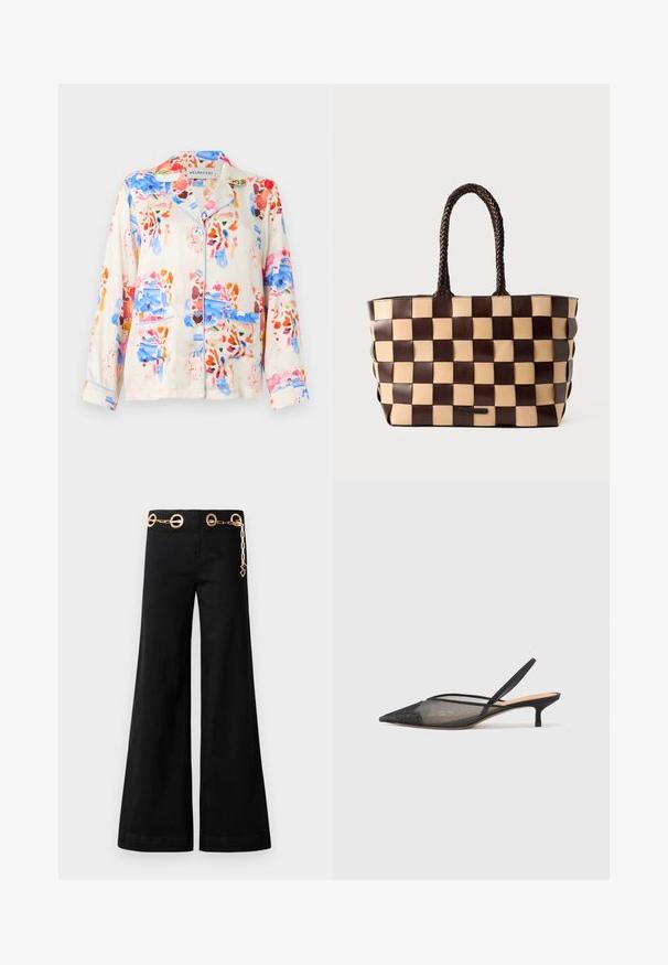 Medvilninė pižamos marškinėliai su šviesiai kreminiu pagrindu, puošti abstrakčiu gėlių raštu mėlyna, rožine ir oranžine spalvomis, o apykaklė ir kišenės turi mėlyną džinsinį apdailą.; Juodi plačiakojai kelnės, pagamintos iš medvilnės, su auksiniais apvaliais aksesuarais ir grandinės detale ant juosmens. Lygi tekstūra, švarus pjūvis.; NEOUS IRENA - Klasikiniai aukštakulniai - black; Ruda ir smėlio spalvos odinė pirkinių rankinė, su pintu langelių raštu ir pintomis rankenomis, ant balto fono.