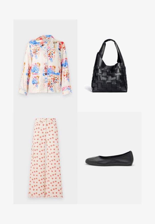 Bawełniana koszula do piżamy w jasnym kremowym kolorze, z abstrakcyjnym wzorem kwiatowym w odcieniach niebieskiego, różowego i pomarańczowego, oraz niebieskim obszyciem kołnierza i kieszeni.; Szerokie spodnie wykonane z beżowej tkaniny, ozdobione wzorem truskawek w kolorze czerwonym i zielonym. Zawierają boczne kieszenie i postrzępiony dół.; Czarne skórzane baletki z zaokrąglonym noskiem, gładką fakturą, minimalnymi przeszyciami i elastycznym designem podeszwy.; Czarna skórzana torebka typu tote o luźnym kształcie i szerokim pasku na ramię. Posiada teksturowany, pleciony wzór z gładkim wykończeniem.