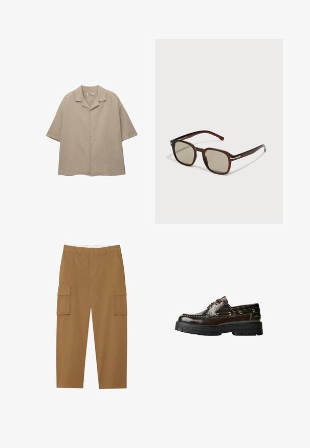 Camicia a maniche corte beige con bottoni realizzata in tessuto leggero, caratterizzata da una vestibilità rilassata, colletto a punte e una trama sottile.; Pantaloni cargo marroni con due tasche laterali, fronte piatto e taglio dritto. Realizzati in un tessuto durevole con una texture liscia.; Scarpa da barca in pelle marrone con suola in gomma, dotata di dettagli di cucitura, occhielli metallici e design con lacci. Costruzione robusta e leggera.; Occhiali da sole rettangolari marroni con lenti colorate, montatura in plastica e dettagli in metallo sui lati. Presentano un design elegante e una superficie liscia.
