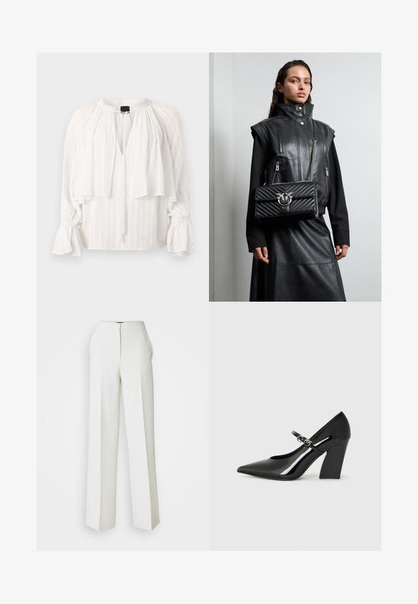 Blusa bianca con design plissettato, scollatura a V e parte frontale a strati. Presenta maniche lunghe a sbuffo con polsini arricciati e dettaglio con laccio a frangia.; Pantaloni bianchi a gamba larga realizzati in un tessuto morbido, con vita alta e sottili pieghe frontali, progettati per garantire una vestibilità rilassata.; Scarpa con tacco alto in vernice nera, con punta appuntita, tacco spesso e una cinturino con dettagli in metallo.; Gilet in pelle nera con collo alto, tasche con zip e una borsa a tracolla nera trapuntata con un accento in hardware argentato, indossato con una lunga gonna nera.