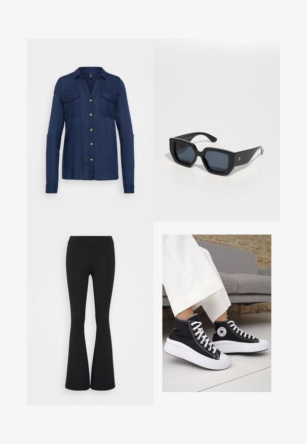 Camisa de botones azul marino con mangas largas, dos bolsillos en el pecho y botones en tono dorado. Tejido suave con collar y un corte ligeramente relajado.; Pantalones negros de campana hechos de una tela elástica, con una cintura alta y una textura suave. Los pantalones se ensanchan desde la rodilla.; Zapatillas altas de lona negra con suelas y cordones de goma blanca. Presentan un logo circular en el lateral y costuras blancas en contraste.; Gafas de sol negras de gran tamaño con un diseño geométrico, lentes rectangulares y un acabado brillante. Sin marca visible en la parte frontal.