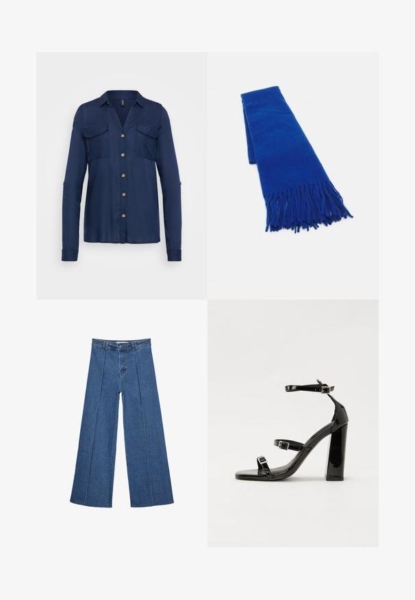 Námornícky modrá košeľa na gombíky s dlhými rukávmi, dvoma náprsníkovými vreckami a gombíkmi v zlatej farbe. Hladká tkanina s golierom a mierne uvoľneným strihom.; Rovné džínsy s širokými nohavicami v strednom modrom odtieni, so zvýšeným pásom, zapínaním na gombík a kontrastnými vertikálnymi švami pozdĺž prednej strany.; Čierne lakované sandále na vysokom opätku s dvoma prackami, štvorcovou špičkou a hrubým blokovým opätkom, s hladkou, lesklou textúrou.; Modrá tkaná šatka s strapcami na koncoch, hladká textúra, obdĺžnikový tvar a jednotná farba po celom povrchu. Vhodná do chladného počasia.; Čierna kožená kabelka s zaobleným tvarom, odnímateľným popruhom a zlatými doplnkami. Kabelka má klopu s detailom s prackou.