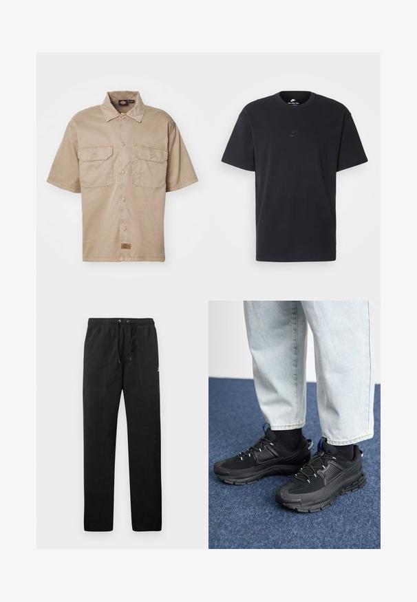 Rövid ujjú, bézs színű pamut ing, gombos elejével, két mellzsebbel és egy kis márkajelzéssel az alján.; Fekete pamut póló Nike márkájú, klasszikus, kerek nyakú, rövid ujjú, és letisztult, dombornyomott logóval a mellkason. Simább textúra.; Fekete, bolyhos anyagú melegítők, elasztikus derékkal és húzózsinórral, két elülső zsebbel és egy kisméretű logóval a combján.; Fekete sportcipők texturált anyaggal és gumitalppal, elasztikus fűzőkkel és kék kiegészítővel a saroknál. Világos farmernadrággal viselve.