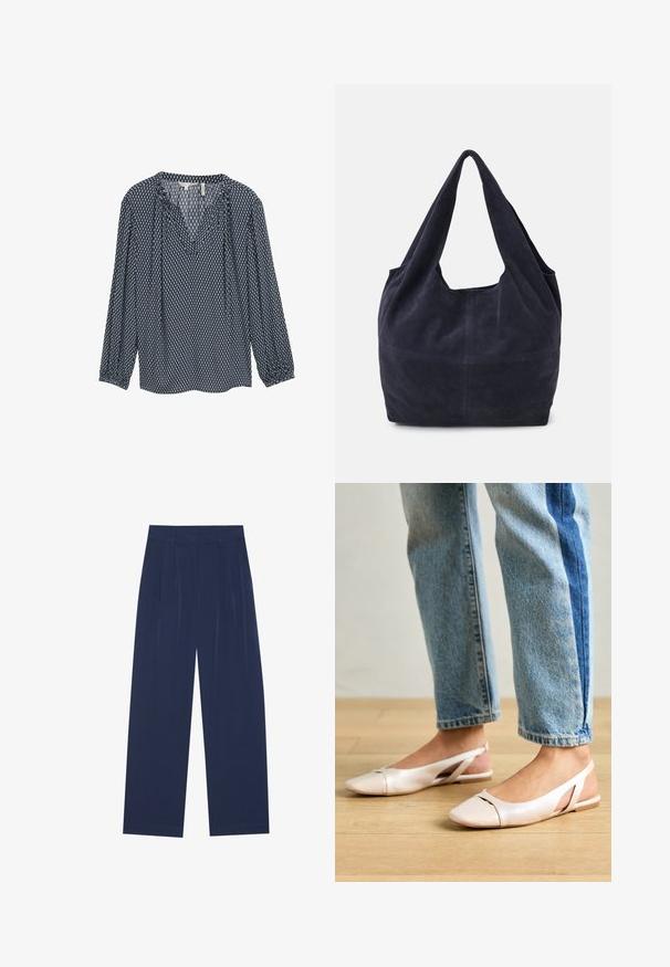 Navy blue patterned blouse with long sleeves, v-neck, and gathered cuffs. Features geometric white and light blue designs throughout.; Navy blue wide-leg pants made of soft fabric, featuring front pleats, a smooth texture, and a straight fit with no visible pockets.; Pale pink slingback flats with a pointed toe, made from a smooth leather-like material. Features cut-out details at the sides and a flat heel.; Navy suede handbag with a slouchy design, wide shoulder straps, and visible stitching detail on the body.