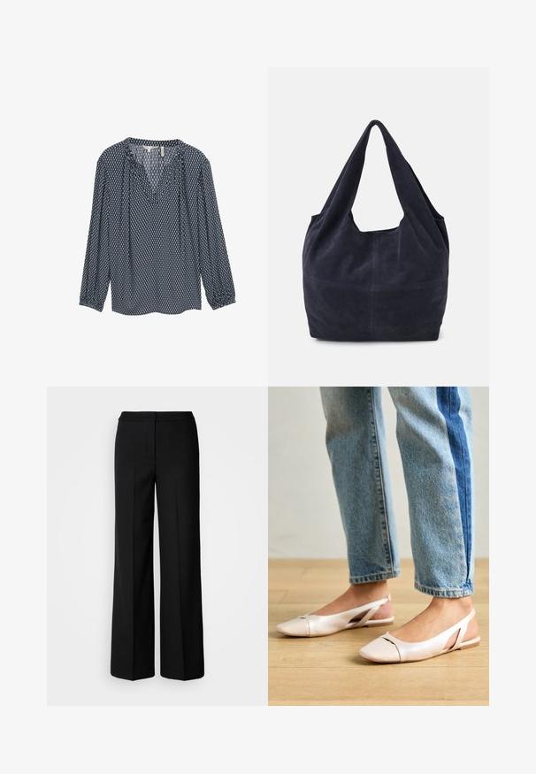 Blouse bleue marine à motifs avec manches longues, décolleté en V et poignets froncés. Présente des motifs géométriques blancs et bleu clair sur l'ensemble.; Pantalons larges noirs en tissu lisse, dotés d'une taille haute, de coutures taillées et d'un design minimaliste. Aucun matériel visible ni poches.; Ballerines slingback rose pâle avec un bout pointu, fabriquées en un matériau semblable au cuir lisse. Présentent des découpes sur les côtés et un talon plat.; Sac en daim bleu marine au design décontracté, avec de larges poignées et des détails de couture visibles sur le corps.