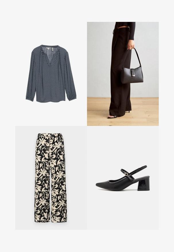 Marineblauwe blouse met patroon, lange mouwen, v-hals en gathermanchetten. Heeft geometrische ontwerpen in wit en lichtblauw over de gehele blouse.; Zwarte wijde broek met een crèmekleurig bloemenpatroon. Gemaakt van lichtgewicht stof, met een zachte textuur en een hoge tailleband.; Zwarte gepolijste leren slingback hakken met een spitse neus, een ronde uitsnede en een blokhak. Voorzien van een gouden gespaccent.; Zwarte handtas met gestructureerde vorm, gladde textuur en een metalen sluiting. Gecombineerd met brede zwarte broeken en sandalen met open teen op een houten vloer.