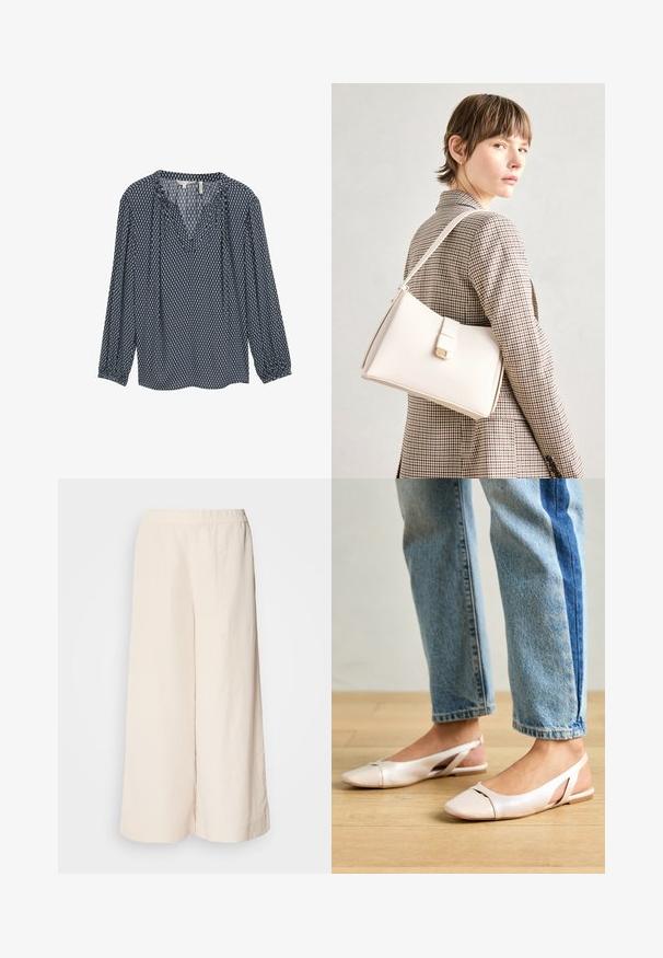 Temno modra bluzica z dolgimi rokavi, V-izrezom in nabranimi manšetami. Opremljena z geometrijskimi belimi in svetlo modrimi vzorci po celotni površini.; Kremne široke hlače z elastičnim pasom, ki imajo sproščen kroj in gladko teksturo, primerne za vsakodnevno nošenje.; Svijetloružičaste slingback balerinke s šiljastim nožnim prstima, napravljene od glatkog materijala nalik koži. Imaju izrezane detalje sa strane i ravne pete.; Bela usnjena torba s strukturirano zasnovo, opremljena z magnetnim zapiranjem in naramnico, prikazana na nevtralni ozadju.