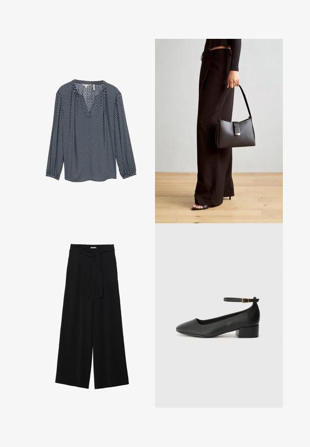 Navyblaues gemustertes Blusenshirt mit langen Ärmeln, V-Ausschnitt und gerüschten Manschetten. Enthält geometrische Designs in Weiß und Hellblau.; Schwarze weite Hosen aus strukturiertem Stoff, mit elastischem Bund und einem abnehmbaren Bindegürtel in der Taille für eine verstellbare Passform.; Schwarze Lederpumps mit spitzem Zehenbereich und niedrigem Blockabsatz. Mit einem Knöchelriemen und einer goldfarbenen Schnalle. Glatte Textur.; Schwarze Handtasche mit strukturierter Form, glatter Textur und einem metallischen Verschluss. Kombiniert mit weiten schwarzen Hosen und offenen Sandalen auf einem Holzboden.