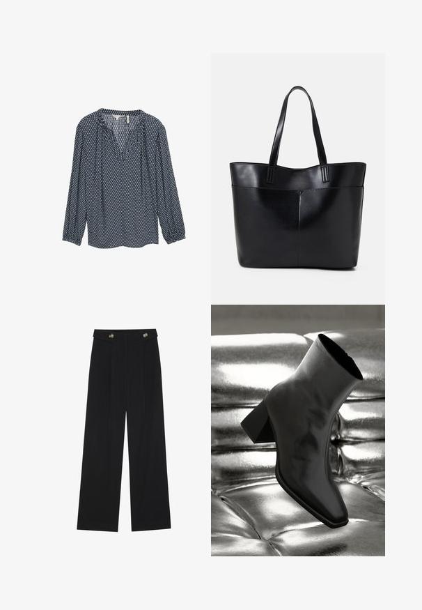 Blusa a maniche lunghe di colore blu navy a motivo, con scollatura a V e polsini arricciati. Presenta motivi geometrici bianchi e azzurri in tutta la superficie.; Pantaloni neri a gamba larga con vita alta, dettagli con bottoni in vita e pieghe frontali.; Stivale alla caviglia nero realizzato in materiale lucido con punta quadrata e tacco affusolato, posizionato su uno sfondo argentato lucido con imbottiture a sfera.; Borsa a tracolla in pelle nera con due manici lunghi, una texture liscia e una forma strutturata. Presenta una tasca frontale per ulteriore spazio di archiviazione.