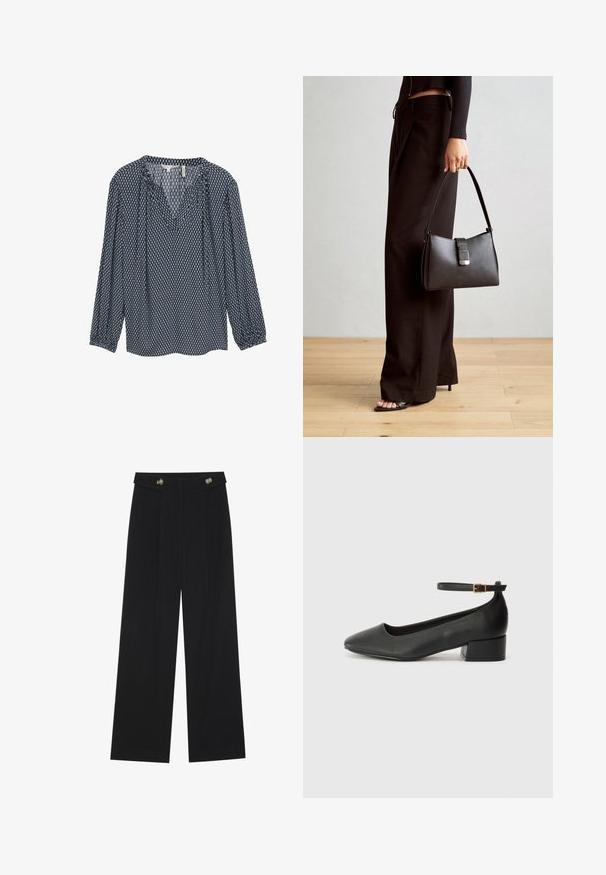 Sötétkék, mintás blúz hosszú ujjakkal, V nyakú és redőzött mandzsettával. Geometrikus fehér és világoskék minták díszítik.; Fekete, bő szárú nadrág magas derékkal, gombos részletekkel a derékrészen és elülső pliszékkal.; Fekete bőr magassarkú cipő hegyes orral és alacsony tömb sarkal. Bokapánttal rendelkezik, aranyszínű csattal. Simább textúra.; Fekete kézi táska strukturált formával, sima textúrával és fémből készült záródással. Széles fekete nadrággal és nyitott orrú szandállal párosítva, fából készült padlón.