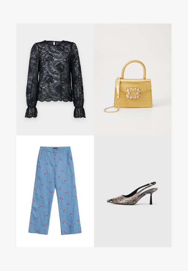 Fekete csipkeblúz hosszú, puffos ujjal és kerek nyakkivágással. Virágmintás díszítéssel és kulcslyuk részlettel a hátán. Texturált csipke kialakítás.; Világoskék farmernadrág, amelyet piros cseresznye hímzés díszít, széles lábú fazonban, sík derékkal és zsebekkel.; Ívelt orrú slingback cipők, amelyek texturált kígyóbőr hatású anyagból készültek, karcsú fekete sarokkal és oldalsó kivágásos dizájnnal rendelkeznek.; Sárga műbőr krokodil mintás kézitáska strukturált kialakítással, felső fogantyúval, leválasztható lánccal és díszes kristály díszítéssel a záron.