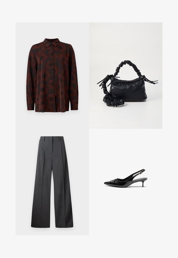 Long-sleeve blouse in dark brown with poppy floral pattern. Features a button-up front and classic collar. Smooth fabric texture.; Wide-leg trousers in dark gray fabric, featuring a high waist, single pleats, and a smooth texture with a clean finish at the hems.; Black leather slingback heels with a pointed toe, low kitten heel, and gathered detail on the vamp. Smooth texture and minimalist design.; Black faux leather handbag with a crocodile texture, cinched top, and a scrunched strap. Appears soft and compact in design.