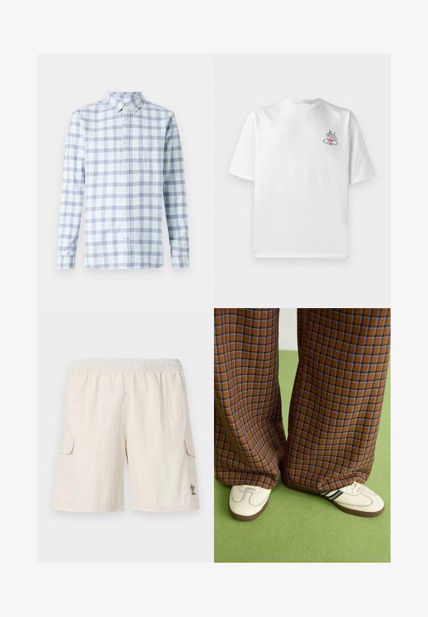 Chemise à carreaux bleu clair et lavande, col boutonné, manches longues, poche poitrine, en coton, design décontracté.; T-shirt en coton blanc à manches courtes, avec un petit graphique de tasse à café rose et noir sur le côté gauche de la poitrine.; Shorts cargo beiges avec une taille élastique, deux poches latérales et un petit logo sur le côté inférieur droit. Tissu lisse et léger.; Un pantalon large à carreaux marron et bleu associé à des chaussures blanches avec des accents noirs et des semelles texturées, le tout sur fond vert.