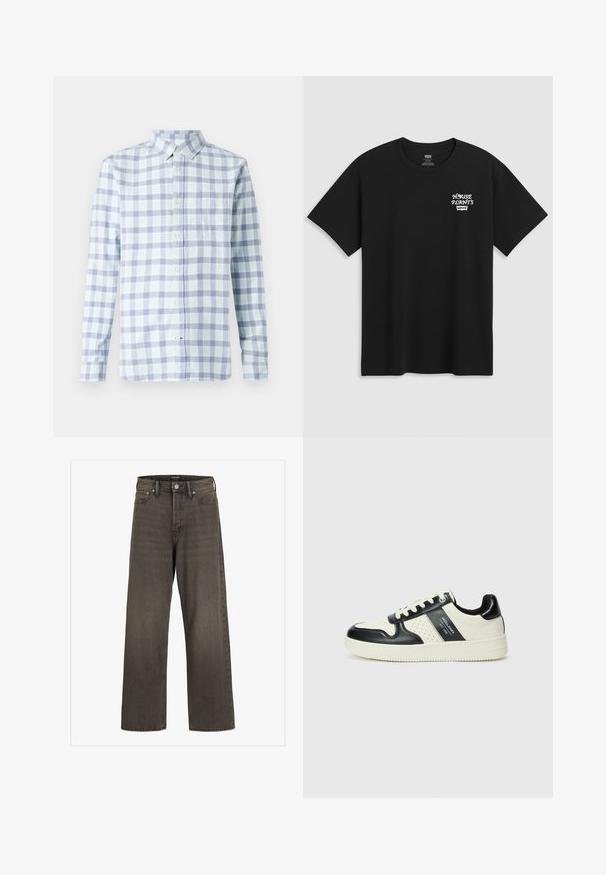 Hellblau und lavendelfarben kariertes Hemd, mit Button-Down-Kragen, langen Ärmeln, Brusttasche, aus Baumwollstoff, im lässigen Design.; Schwarzes Baumwoll-T-Shirt mit einem Brustdruck, der in einer weißen, stilisierten Schrift "HAUSPFLANZEN" und darunter "Levi's" zeigt. Klassischer Rundhalsausschnitt.; Weite Jeans aus dunkelgrauem Denim mit hoher Taille, klassischem Fünf-Taschen-Design und kontrastierendem Stepp entlang der Nähte.; Leder-Sneaker in Schwarz- und Cremetönen, mit perforierten Akzenten, einem gepolsterten Kragen und einer strukturierten Laufsohle.