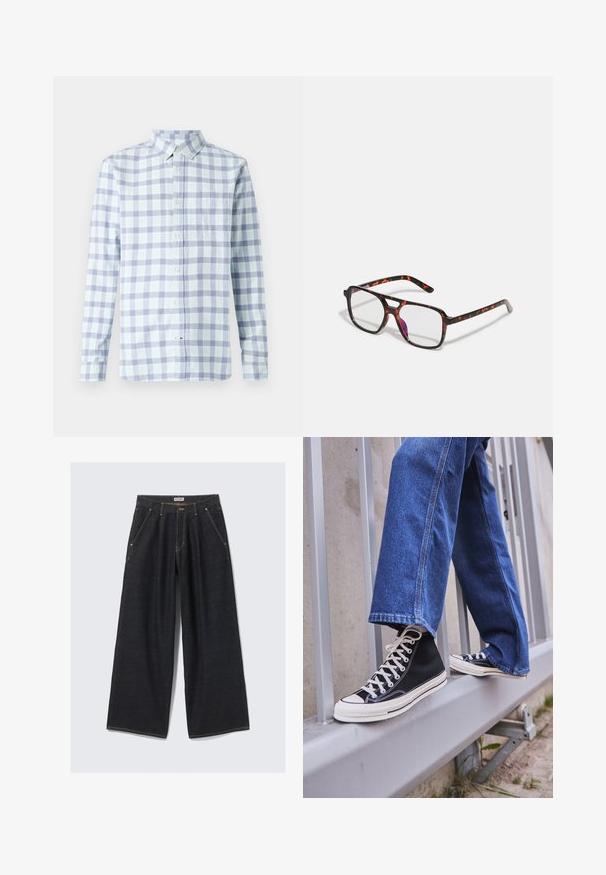 Gai zils un lavandas svītrots krekls, ar pogām pie apkakles, garām piedurknēm, krūšu kabata, kokvilnas audums, ikdienas stils.; Tumši zili platās kājas džinsi ar priekšējiem krokām, slīpiem kabatām, jostu cilpām un pogu aizdari jostasvietā, kas apzīmēta ar "WEEKDAY."; Melnas augstas kedas ar baltu zoli un auklām, apvienotas ar brīvām zilām džinsām, atpūšoties uz pelēka margotā balsta.; Tortoiseshell krāsas brillēm ar taisnstūra lēcām, melniem un oranžiem rāmiem, kas izceļas ar spīdīgu apdari un šauriem kājiņām.