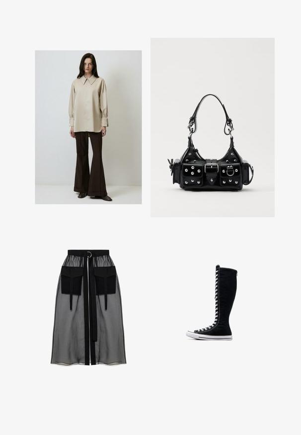 Ilgas rankovėse, šviesiai kreminės spalvos marškiniai su klasikiniu apykakle ir mygtukinėmis rankovėmis, derinami su rudos spalvos platėjančiomis kelnėmis ir tamsiais batais.; Juoda permatoma sijonas su surinkta liemene, dviem didelėm priekinėm kišenėm, liemens raišteliu ir apvaliu metaliniu akcentu.; Juodos aukštos sportinės bateliai su aukštu dizainu, pagaminti iš kanvo. Su baltais raišteliais, siūlėmis ir guminėmis padais su pirštų kepurėle.; Juodas odinis rankinukas su kreiviu dizainu, su sidabro spalvos knopkėmis, užsegimu ir dviem šoninėmis kišenėmis. Reguliuojama dirželis nešimui.