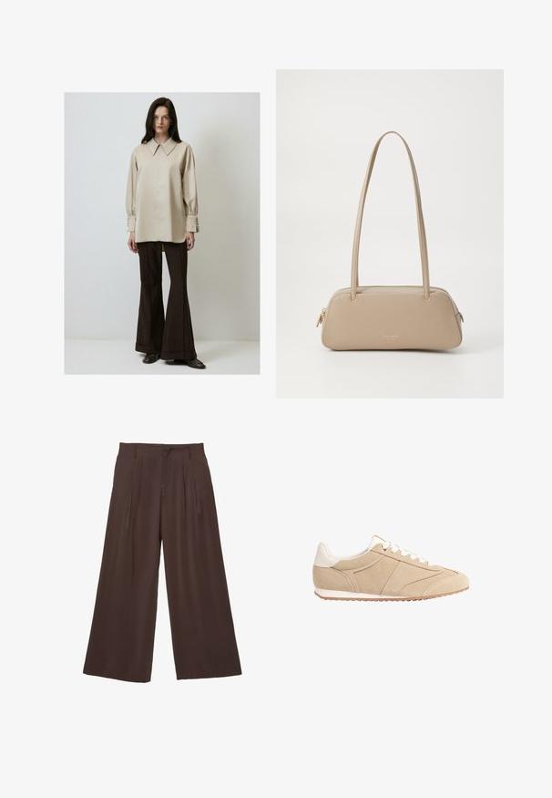 Svetla bež srajca z dolgimi rokavi, klasičnim ovratnikom in gumbastimi manšetami, v kombinaciji z rjavimi širokimi hlačami in temnimi čevlji.; Hlače širokih nogavic v temno rjavi tkanini, z dvema sprednjima ploščama, gladko teksturo in preprosto zasnovo z zankami za pas.; Stradivarius Športni copati - beige; Bežna usnjena torbica z gladko teksturo, pravokotno obliko, dvema ročkama in zlatim okovjem. Ima zadrgo na eni strani.