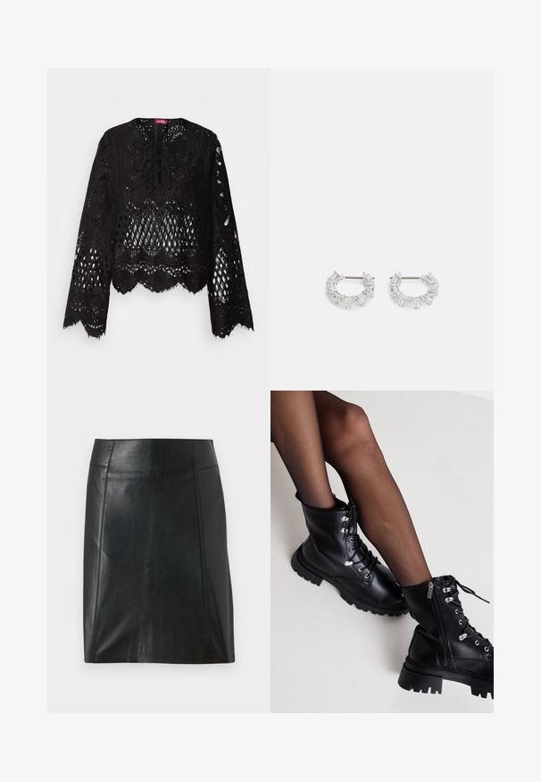 Fekete csipkeblúz bonyolult kivágott mintákkal, fodros szegéllyel, hosszú ujjakkal és fűzős részlettel a nyaklán. Puha textúra.; Fekete bőr szoknya testhezálló szabással. Sima textúra, varratok, amelyek körvonalazzák a formát, és egyenes szegély. Minimalista és karcsú megjelenés.; Even&Odd Wide Fit Fűzős bokacsizmák - black; Ezüst karika fülbevalók, átlátszó, téglalap és háromszög alakú kristályokkal, mintás elrendezésben. Biztonságos rögzítést biztosító fülbevaló pálcikák.