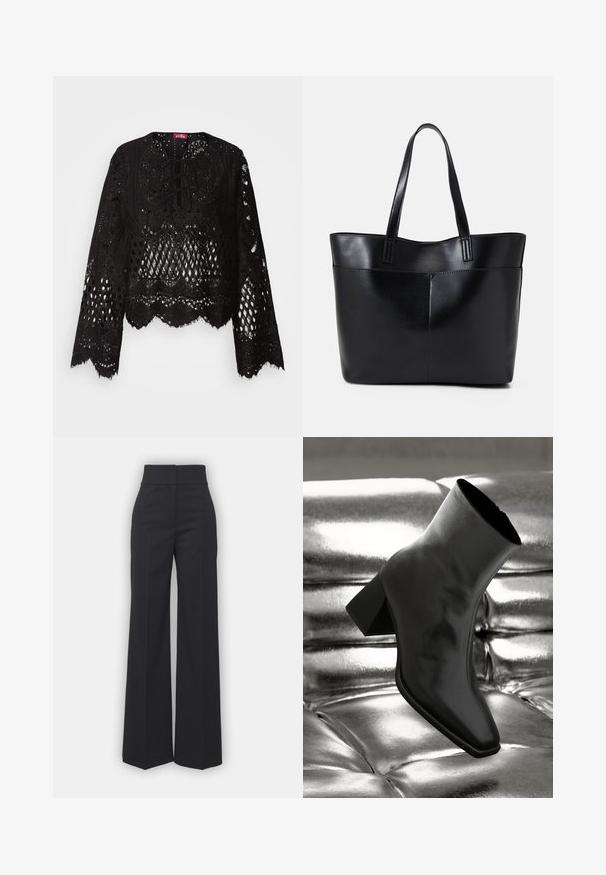 Črna čipkasta bluza z zapletenimi izrezi, valovitimi robovi, dolgimi rokavi in vezanjem na izrezu vratu. Mehak material.; Široke hlače iz črnega blaga z visokim pasom, s čisto obdelavo in gladko teksturo. Brez vidnih dodatkov ali vzorcev.; Črne gležnjarje iz sijočega materiala s kvadratnim prstom in zoženim peto, postavljene na sijoče srebrno oblazinjeno ozadje.; Črna usnjena torba z dvema dolgima ročajema, gladko teksturo in strukturirano obliko. Ima sprednji žep za dodatno shranjevanje.