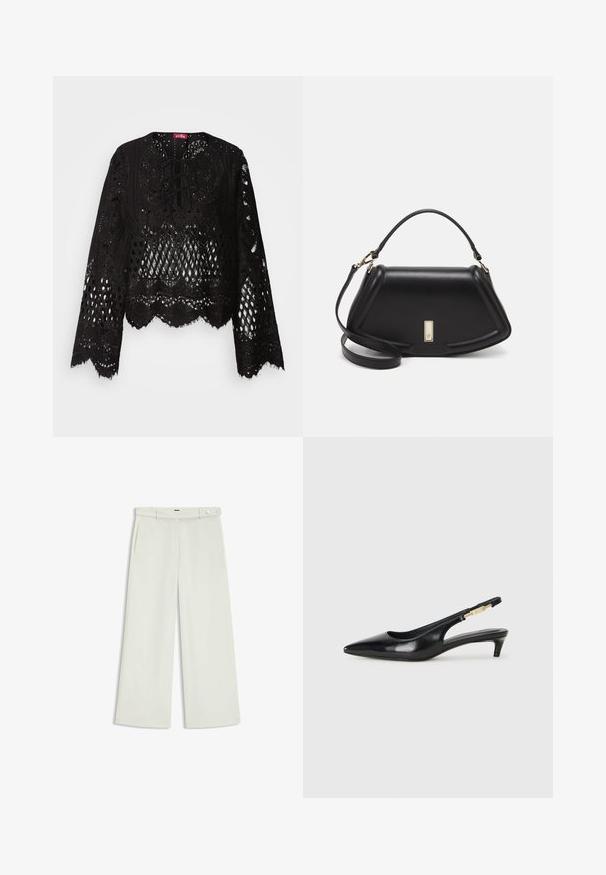 Black lace blouse with intricate cut-out patterns, scalloped edges, long sleeves, and a lace-up detail at the neckline. Soft texture.; Wide-leg pants in light cream fabric, featuring side pockets, a flat front, and a single button closure at the waist. Smooth texture.; Black leather slingback heels with a pointed toe, featuring a slim heel and a gold-tone accent on the adjustable strap. Smooth texture.; Black leather handbag with a structured design, featuring a cropped shape, top handle, and gold hardware accent. Adjustable shoulder strap included.