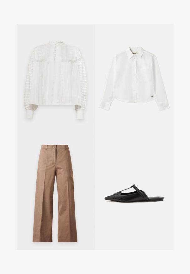 Bijela bluzica s visokim ovratnikom, kopčanjem na tipke, teksturiranim prednjim dijelom i napuhanim rukavima koji imaju nabranog materijala i elastične manžete.; Bijela skraćena košulja dugih rukava napravljena od pamuka. Ima gumb za zatvaranje sprijeda, džep na prsima i mali crni logotip na donjem lijevom dijelu.; Smeđe hlače širokih nogavica od glatkog materijala, s prednjim zatvaračem na dugme, dvjema prednjim džepovima i čistim, oblikovanim linijama.; Crne kožne cipele s remenom oko pete i šiljastim vrhom, s pletenim naglaskom i nabranim gornjim dijelom. Ravni đon s minimalnim hardverom.