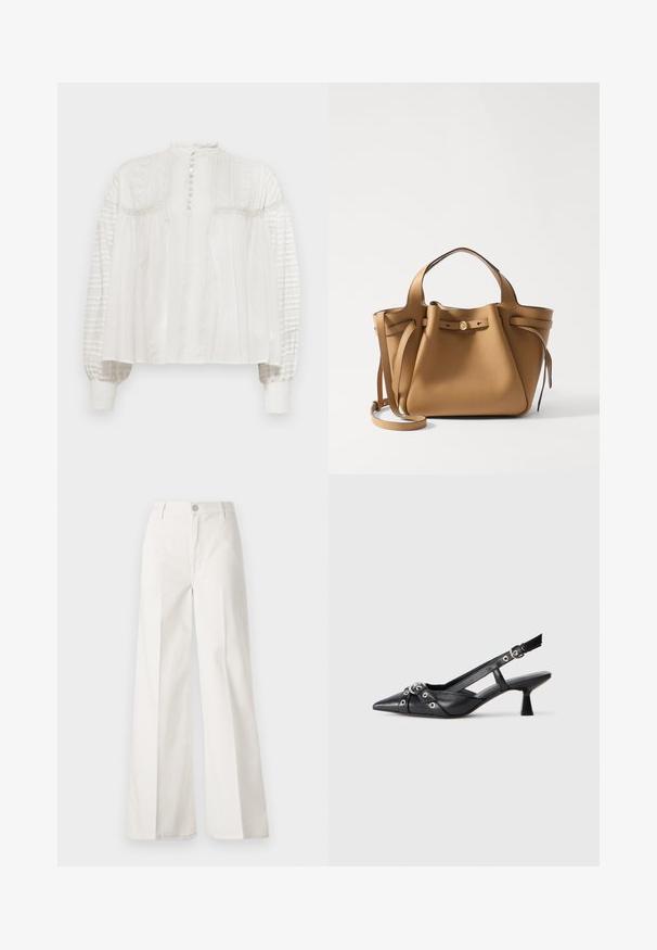 Witte blouse met een hoge hals, knoopsluiting, textuur vooraan, en pofmouwen met geplisseerde stof en elastische manchetten.; Witte wijde-broek gemaakt van katoen met een gladde textuur. Voorzien van een knoop aan de voorkant, ritsopening en vierzakkenontwerp.; Zwarte leren slingback schoen met een puntige neus, decoratieve banden met metalen oogjes en een lage blokhak. Textuur oppervlak.; Tory Burch ROMY PEBBLED SATCHEL - Handtas - tiramisu