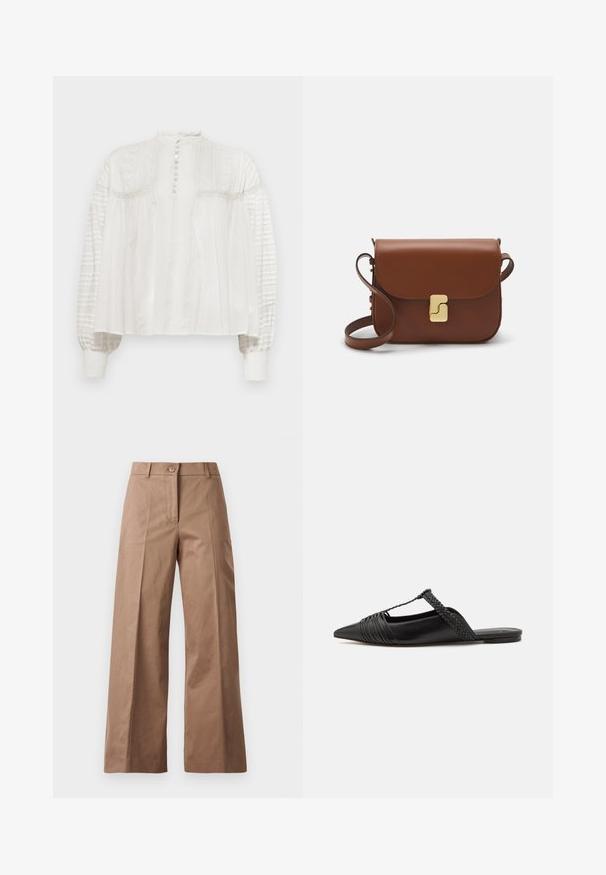 White blouse with a high neck, button closure, textured front, and puffed sleeves featuring pleated fabric and elastic cuffs.; Brown wide-leg trousers made from a smooth fabric, featuring a front button closure, two front pockets, and clean, tailored lines.; Black leather slingback shoe with a pointed toe, featuring a woven accent and pleated upper design. Flat sole with minimal hardware.; Brown leather handbag with a flap closure, gold-tone hardware, a shoulder strap, and a smooth texture. Compact rectangular shape.
