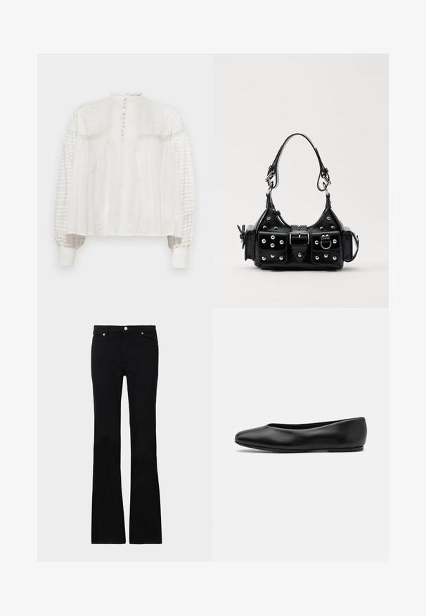 Weiße Bluse mit hohem Kragen, Knopfverschluss, strukturiertem Vorderteil und Puffärmeln, die mit plissiertem Stoff und elastischen Bündchen ausgestattet sind.; Schwarze, ausgestellte Jeans aus Denim, ausgestattet mit zwei Fronttaschen, einem Knopfverschluss und einer glatten Oberfläche. Signatur-Nähte an den Nähten sichtbar.; Paul Smith TOPANGA - Klassischer Ballerina - black; Schwarze Lederhandtasche mit einem geschwungenen Design, verziert mit silbernen Nieten, einer Schnalle und zwei seitlichen Taschen. Verstellbarer Träger für verschiedene Tragemöglichkeiten.