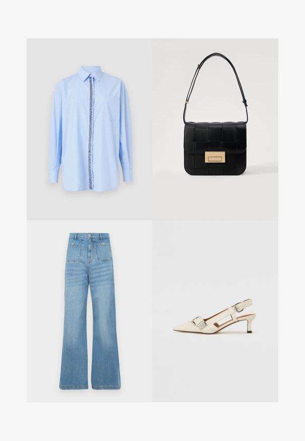 Light blue long-sleeve shirt with a pointed collar, front closure featuring a floral pattern, and a left chest pocket. Smooth fabric texture.; Light blue denim jeans with a wide-leg design, featuring two front pockets and two back pockets, finished with a raw hem and button closure.; White leather slingback shoe with a pointed toe, small heel, and adjustable strap featuring a prominent silver buckle detail.; Loeffler Randall DESI CROSSBODY WITH LOCK HARDWARE - Cross body bag - black