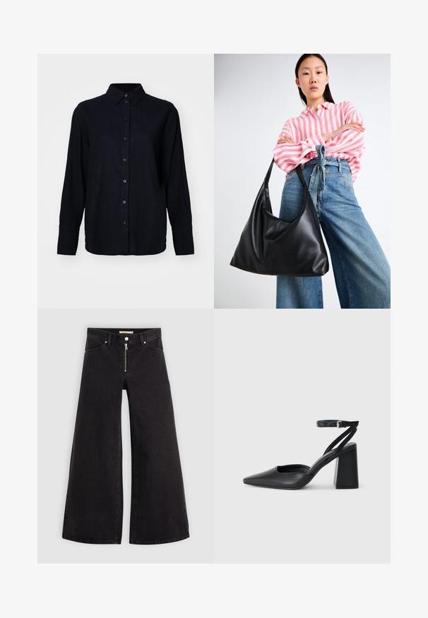Lielizmēra jūras zila krekls ar struktūras audumu, ar apkakli, garām piedurknēm un sešiem priekšējiem pogām, kas atbilst pogcaurumiem.; Platas kājas džinsi melnā džinsa audumā ar rāvējslēdzēju priekšā, piecu kabatu dizains un smalkas šuvju detaļas. Gluda tekstūra un ikdienišķs stils.; Melna ādas augstpapēžu kurpe ar norakstīto purngala formu, potītes siksniņu un masīlu papēdi. Gluda tekstūra, elegants dizains un minimālisma estētika.; Melnas ādas plecu soma ar vaļīgu formu un šuvju detaļām. Modelis valkā rozā un baltu svītrainu kreklu ar plaša kāju ziliem džinsiem.