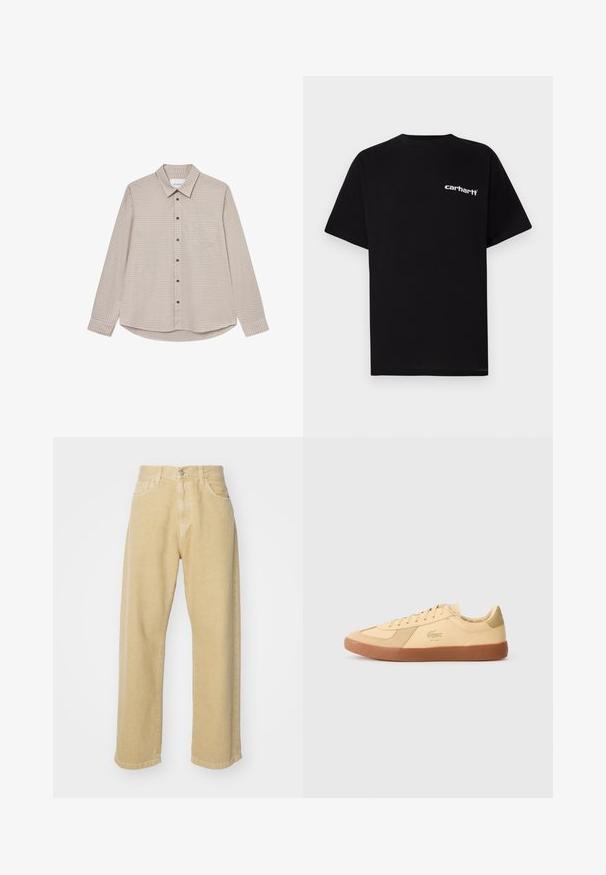 Pruun ja beež ruuduline pikkade varrukatega särk, millel on nööpidega kaelus, ees tasku ja pruunid nööbid, ning kõver allserv.; Mustast puuvillast lühikeste varrukatega t-särk, ümara kaelusega ja valge "Carhartt" logoga vasakul rinnal. Sile tekstuur, minimalistlik disain.; Beesidised denim püksid otse sääre disainiga, viie tasku, nööbiga kinni ja puhta servaga viimistlus. Pehme tekstuur.; Lacoste tossud heledast kollas nahast, gummi kummist tallaga, seotud disainiga ja ikoonilise logoga. Sametised aktsendid varvaste ja kandade juures.