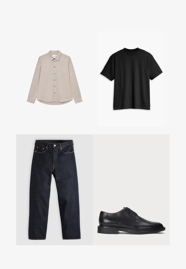 Camisa de manga longa em xadrez castanho e bege com colarinho abotoado, bolso frontal e botões castanhos, apresentando uma bainha arredondada.; T-shirt preto de algodão com decote redondo e mangas curtas. Apresenta um logo discreto na parte da frente e uma barra reta. Design simples e minimalista.; Jeans de denim azul-escuro com corte reto, cinco bolsos, costura laranja em contraste e fecho de botão. Sem padrões ou adornos visíveis.; Sapato de vestido em couro preto com bico redondo, design com atacadores e um salto baixo empilhado. Textura suave com detalhes de costura mínimos.