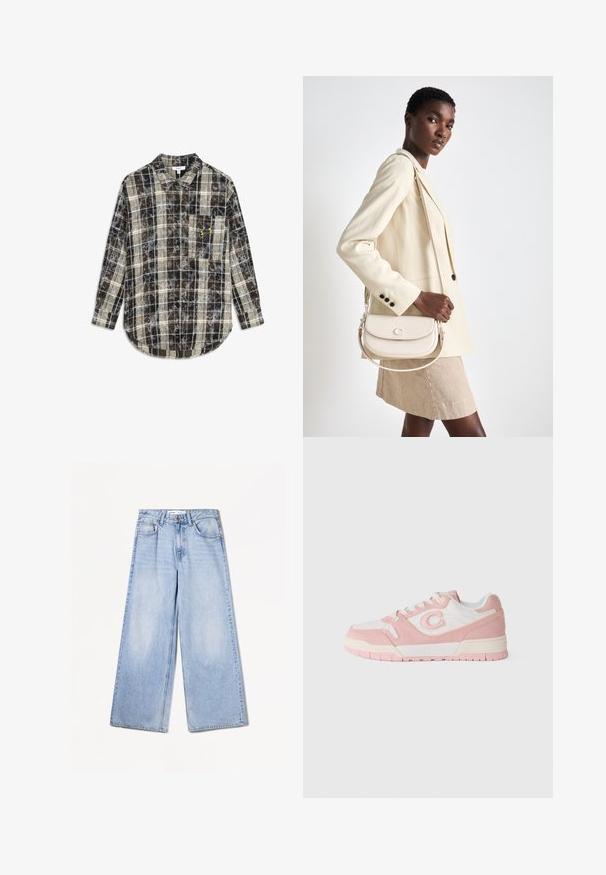 Bruin en crèmekleurig geruite overhemd met lange mouwen, knoopsluiting aan de voorkant en een borstzak met een geel logo. Zachte stof met een ontspannen pasvorm.; Bershka WIDE-LEG - Wide leg - light-blue denim; Sneakers met een combinatie van roze suède en witte leer, met een ronde neus, vetersluiting en een getextureerde rubberen zool.; COACH EMMY SADDLE BAG 23 - Handtas - chalk