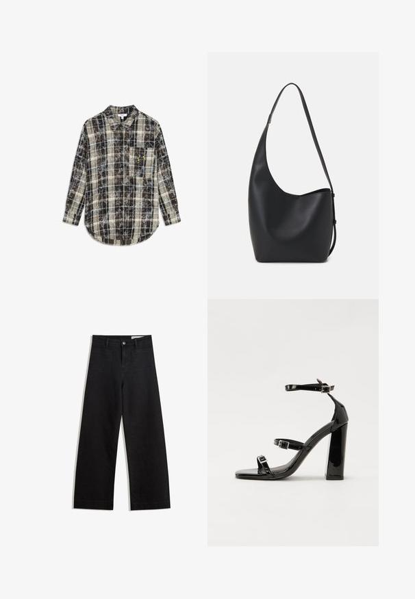 Bruin en crèmekleurig geruite overhemd met lange mouwen, knoopsluiting aan de voorkant en een borstzak met een geel logo. Zachte stof met een ontspannen pasvorm.; Zwarte denim broek met wijde pijpen en een hoge taille, voorzien van voor- en achterzakken, gestikte naden en een knoopsluiting. Gladde textuur.; Zwarte gepatenteerde sandalen met hak en een vierkante neus, enkelbandjes en zilveren gespen. Heeft een stevige blokhak voor stabiliteit.; Zwarte leren hobo tas met een gladde textuur, kromme vorm en een enkele verstelbare schouderband; heeft een brede opening aan de bovenkant.