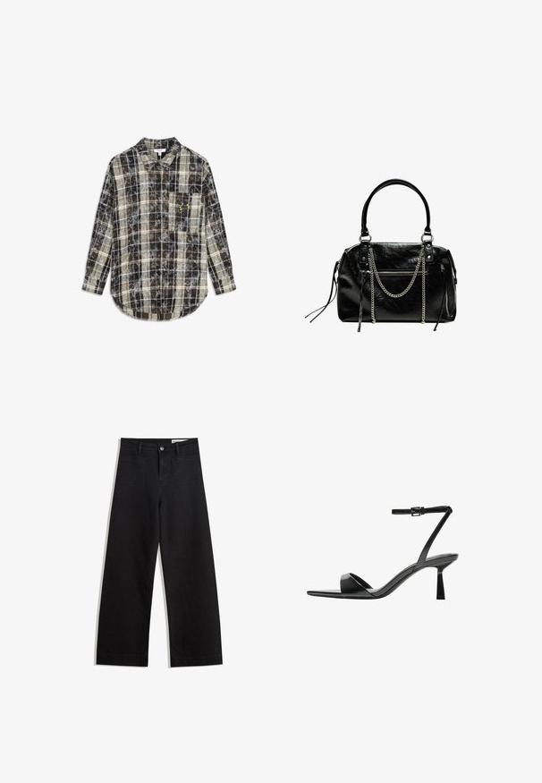 Brown and cream plaid shirt with long sleeves, button front, and a chest pocket featuring a yellow logo. Soft fabric with a relaxed fit.; Black wide-leg denim pants with a high waist, featuring front and back pockets, stitched seams, and a button closure. Smooth texture.; Bershka High heeled sandals - black; Bershka WITH CHAIN - Handbag - black