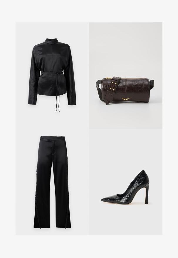 Black satin long-sleeve shirt with a high collar, cinched waist, and adjustable drawstring detail. Smooth texture with a sleek finish.; Black satin pants with wide legs, featuring fringe details along the side seams and a flat front waistband. Plain back without pockets.; Black pointed-toe high heel shoe with a crocodile-skin texture, featuring a sleek design, high stiletto heel, and smooth black interior.; Brown crocodile-embossed leather bag with a cylindrical shape, gold-tone hardware, and a detachable strap featuring studs.