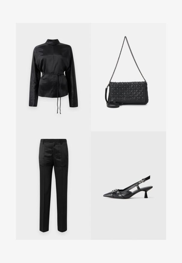Svart satin långärmad skjorta med hög krage, åtsittande midja och justerbar dragsko. Slät textur med en elegant finish.; Svarta skräddarsydda byxor med raka ben och midjeband med bälteshällor, som har en blandning av matta och skinande tygpaneler.; Svart lädersko med slingback-design, spetsig tå, dekorativa remmar med metallöglor och en låg klack. Texturerad yta.; Svart kviltad läderväska med kedjerem, med dödskalleaccent och dragkedjestängning. Texturerad yta med en glänsande finish.