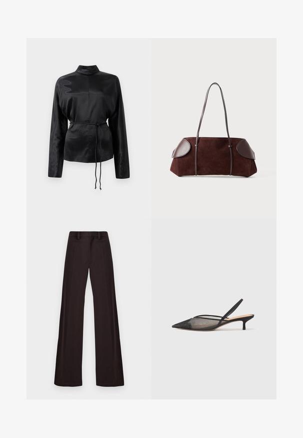 Fekete selyem hosszú ujjú ing magas gallérral, megkötött derékkal és állítható zsinóros részletekkel. Simaság jellemzi, elegáns kivitelezéssel.; Sötét színű, széles szárú nadrág, sima textúrával, övhurkokkal és elülső hajtással, letisztult, díszítés nélküli kialakítással.; NEOUS IRENA - Klasszikus sarkú cipők - black; Barna velúr táska bőrkiegészítőkkel, strukturált forma, dupla vállpántok és kerekded élek, sima felülettel és minimális fém kiegészítőkkel.