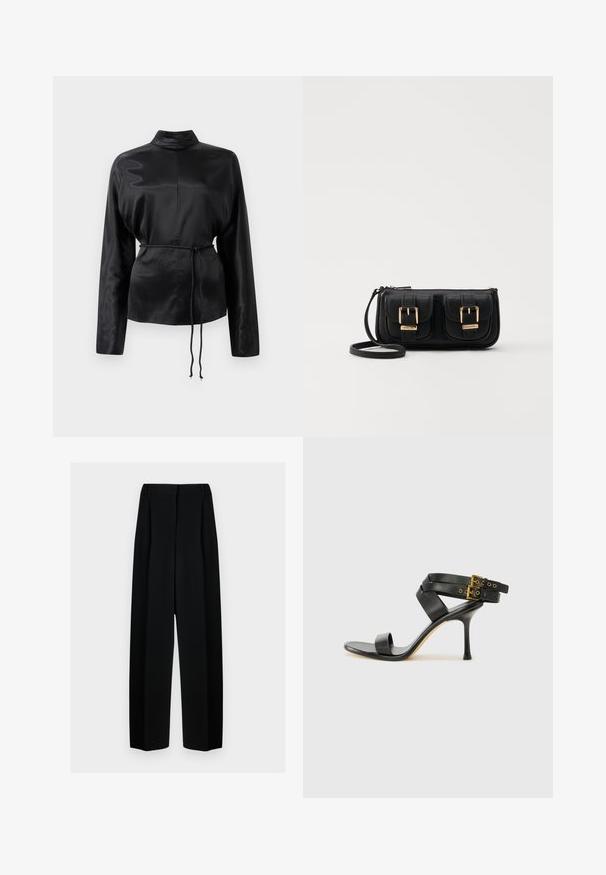 Fekete selyem hosszú ujjú ing magas gallérral, megkötött derékkal és állítható zsinóros részletekkel. Simaság jellemzi, elegáns kivitelezéssel.; Fekete, széles szárú nadrág magas derékkal, redők és sima textúra jellemzi. Az anyag könnyűnek tűnik és elegánsan hullámzik.; Fekete magassarkú szandál keresztpántos dizájnnal és állítható csattal. Simább felülettel és hegyes tűsarkúval rendelkezik.; Fekete bőr keresztbody táska két elülső zsebbel, arany csattokkal, cipzáras záródással és vékony pánttal. Textúrált felület és kompakt téglalap alak.