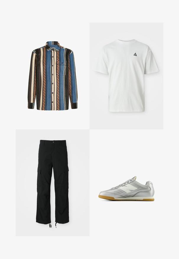 Long-sleeve button-up shirt with vertical stripes in blue, brown, white, and black, featuring a front chest pocket with a button flap.; White short-sleeve T-shirt with a small black triangle logo containing "acg" on the left chest, plain background.; Black cargo pants made of durable fabric, featuring two side pockets, a button closure, and adjustable hems for a loose, relaxed fit.; Silver athletic shoe with a smooth, shiny surface, white logo on the side, textured gray laces, and a gum rubber sole.