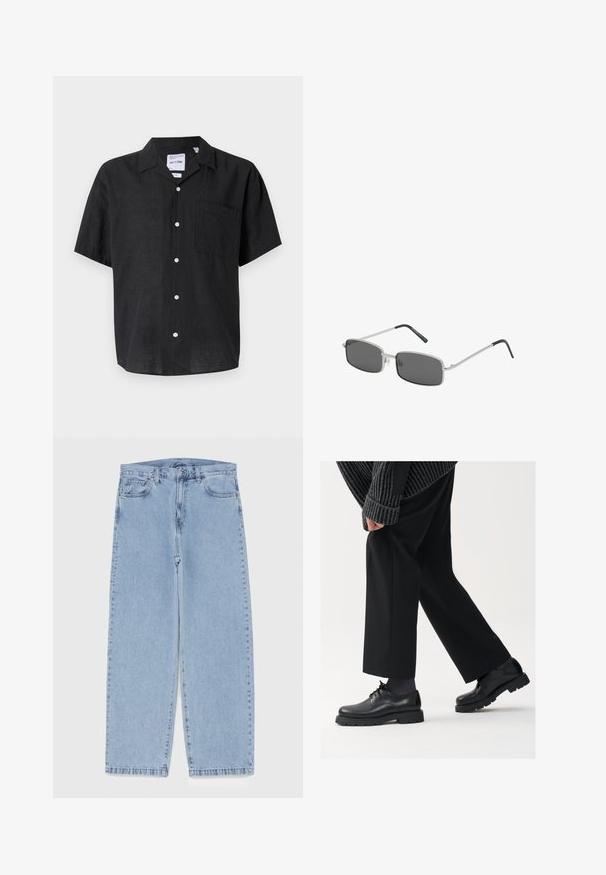 Mustat lyhythihaiset nappipaidat, jotka on valmistettu pellavasta. Vasemmassa rinnassa on tasku ja valkoiset napit, jotka luovat kontrastia kankaan tekstuurille.; Vaaleansiniset farkut suoran lahkeen muotoilulla, joissa on puolivälin vyötärö, viisi taskua sekä nappi- ja vetoketjusuljenta.; Mustat nahkakengät, joissa on pyöreä kärki, nauhakiinnitys ja paksu, teksturoitu pohja. Yhdistetty räätälöityjen mustien housujen ja ribbivillapuseron kanssa.; Aurinkolasit, joissa on suorakulmainen muoto, tummanharmaat linssit, ohut hopeametallinen kehys ja mustat kumipäällysteiset templetipit. Minimalistinen muotoilu.; Hopeaketju, jossa on suorakaiteen muotoinen riipus, jossa on monimutkainen muotoilu, ohut ketju ja säädettävä lukko pituuden säätämiseksi.