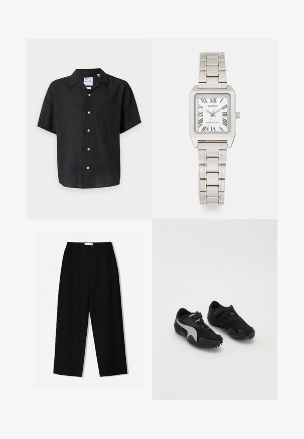 Czarna, krótko rękawowa koszula zapinana na guziki, wykonana z lnu. Posiada kieszeń na lewej piersi oraz białe guziki kontrastujące z fakturą materiału.; Czarne spodnie z szerokimi nogawkami z teksturowanej tkaniny, z elastycznym paskiem w talii oraz bocznymi kieszeniami. Prosty, minimalistyczny design bez zdobień.; Czarne buty sportowe z teksturowaną podeszwą, elegancką sylwetką oraz szarym akcentem; posiadają bezpieczny pasek zapinający oraz sznurowanie.; Srebrny metalowy zegarek na rękę z kwadratową tarczą, białą powierzchnią, rzymskimi cyframi i srebrną bransoletą. Posiada wodoodporną konstrukcję.