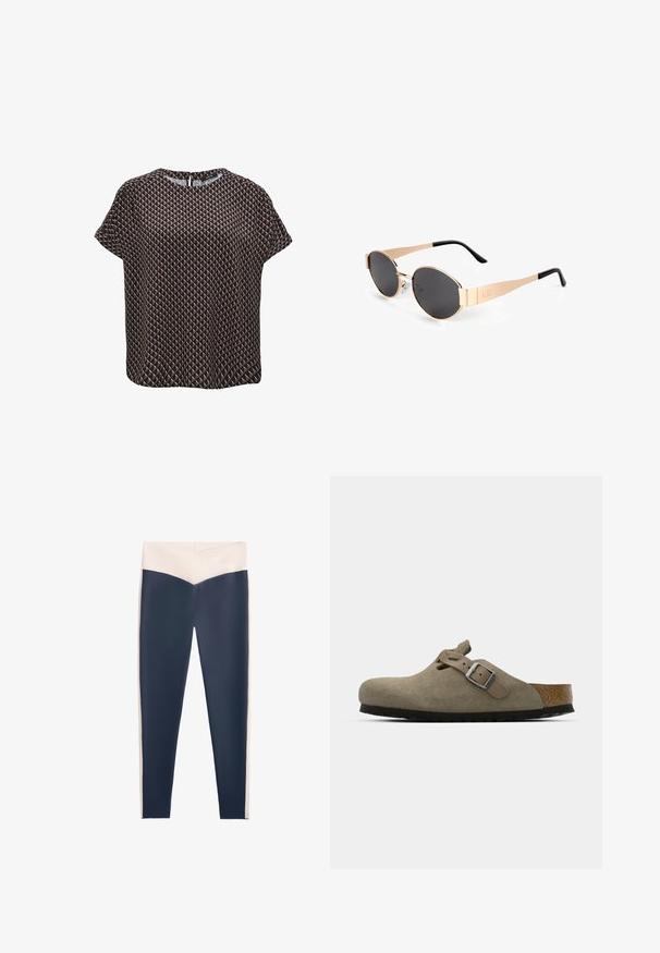 Short-sleeve top in dark fabric featuring a geometric triangle pattern in beige and brown. Round neckline with a back closure.; High-waisted leggings featuring a navy blue body and white side panels. Made from stretchy fabric with a smooth texture, suitable for active wear.; Suede clogs in light olive green with a molded cork and rubber sole. Features a side strap with a metal buckle and a rounded toe.; Gold-tone oval sunglasses with dark lenses, featuring a sleek design, thin arms, and a black accent at the temple. Model number L37.; Black leather tote bag with two handles, featuring a debossed logo on the front. Structured shape and smooth texture. No additional accents.